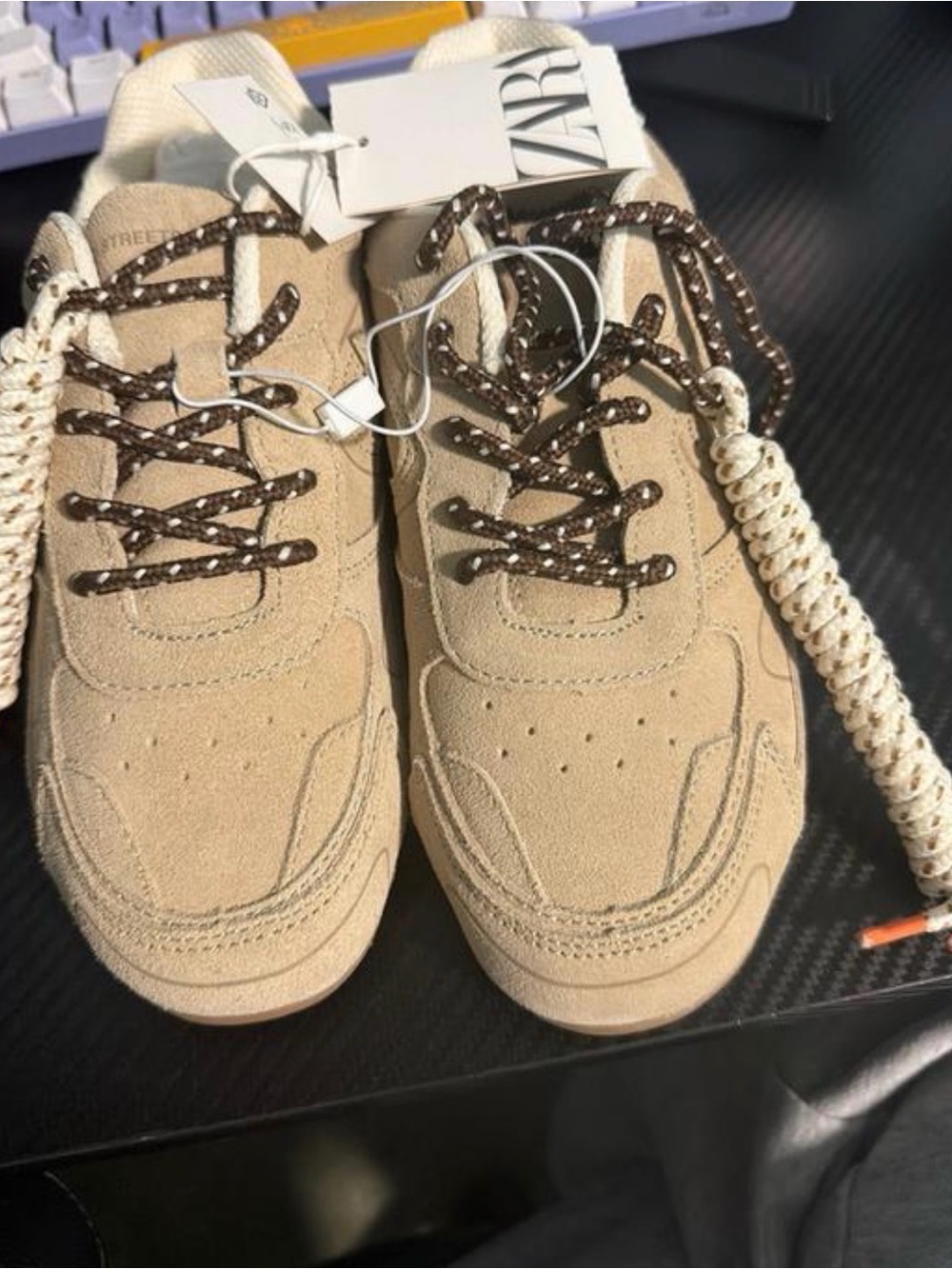 Zara Suede Sneakers in Beige with Brown Patterned Laces